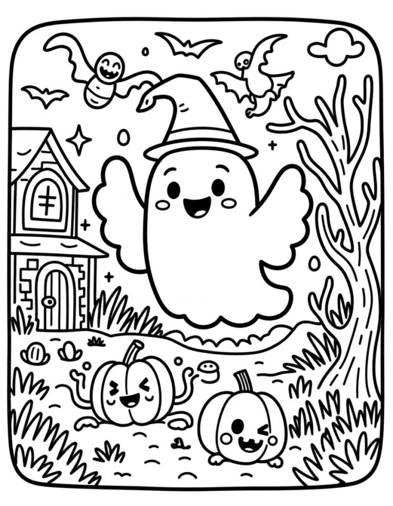 Halloween bojanka duh u šeširu i bundeve