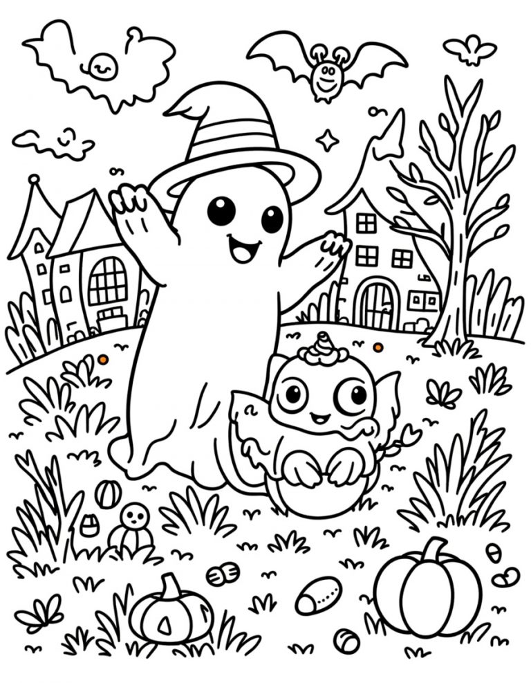 Halloween bojanka duh veštica i mali slepi miš