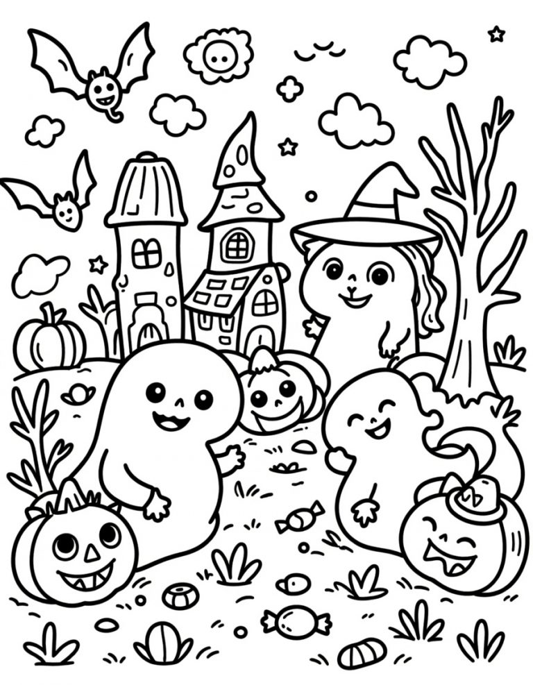 Halloween bojanka mačka veštica i duhovi