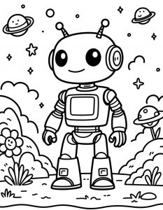 Crtani robot pored cveća sa osmehom