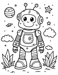Crtani robot sa širokim osmehom i planetama