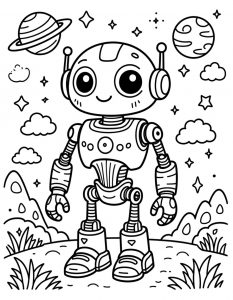 Crtani robot sa velikim očima i Saturnom