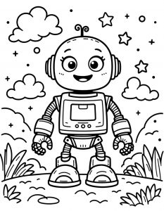 Crtani ženski robot sa trepavicama i oblacima