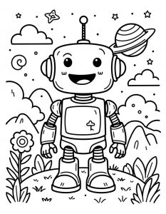 Crtani robot sa cvetom i Saturnom
