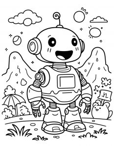 Srećni robot sa širokim osmehom u planinama