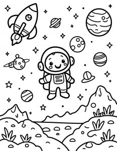 Astronaut koji pluta među planetama i raketom