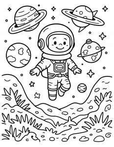 Astronaut koji pluta među Saturnom i planetama