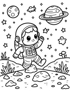 Astronaut koji trči i maše pored Saturna